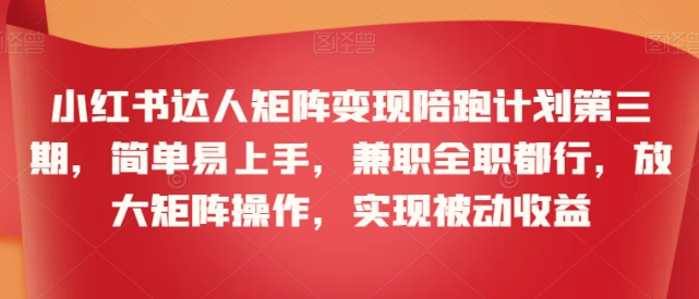 小红书达人矩阵变现陪跑计划第三期 简单易上手 兼职全职都行 放大矩阵操作 实现被动收益-虚拟资源库