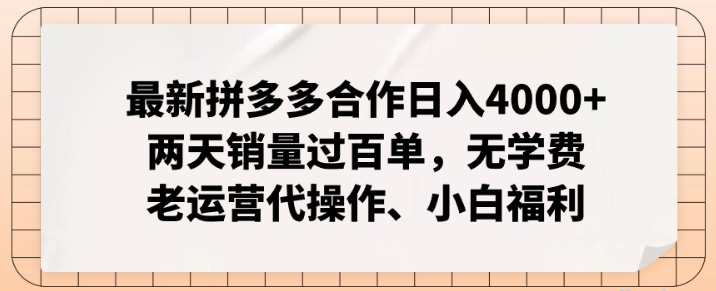 最新拼多多合作日入4000+两天销量过百单 无学费 老运营代操作 小白福利-虚拟资源库